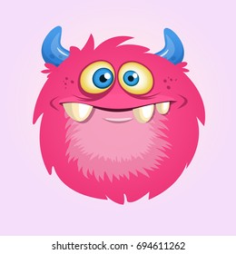 Happy cartoon hairy monster. Vector Halloween pink furry monster gremlin or troll
