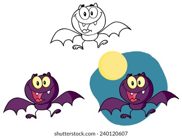Happy Cartoon Halloween Bat Flying. Vector Collection Set