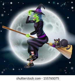 A happy cartoon Halloween witch flying on her broom stick with her black cat and a full moon in the background