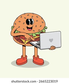 Personaje feliz de la hamburguesa de la historieta usando el ordenador portátil para el trabajo o el estudio