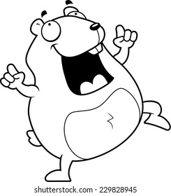 A happy cartoon hamster dancing and smiling.