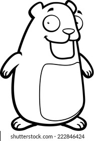 A happy cartoon hamster standing and smiling.