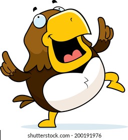 A happy cartoon hawk dancing and smiling.