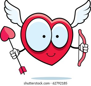 A happy cartoon heart cupid with bow and arrow.