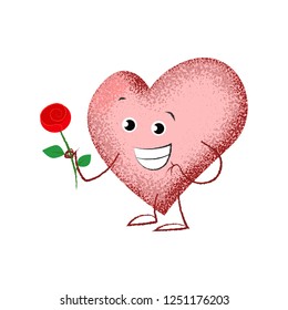Happy cartoon heart holding rose. Love concept. Vector illustration can be used for topics like dating, Valentines day, romance