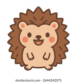 A happy cartoon hedgehog with a big smile, rosy cheeks, and spiky back in kawaii style. Great for stickers, kids' items, and forest-themed designs. Vector illustration, editable and scalable.