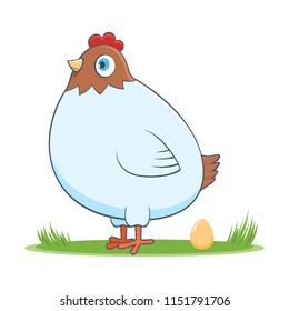 A happy cartoon hen with egg. Comic farm animal character. Vector Illustration