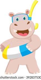 happy cartoon hippo with buoys
