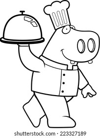 A happy cartoon hippo chef with a serving tray.