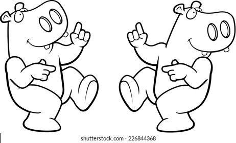 A happy cartoon hippo dancing and smiling.