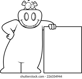 A happy cartoon hippo leaning against a sign.