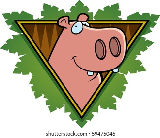 A happy cartoon hippo on a safari themed icon.