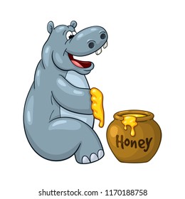Happy cartoon hippopotamus  prepared to eat large portion of honey.  On white background 