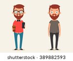 Happy Cartoon Hipster Doing Selfie and Poor Beggar. Vector Set