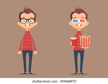 Happy Cartoon Hipster Ready to Go to the Cinema. Vector Illustration