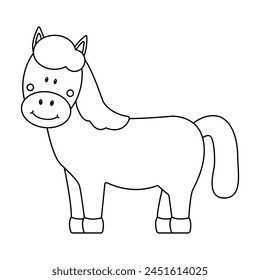 Happy Cartoon Horse Drawing. Farm animals.Coloring book for children. Cartoon vector illustration.