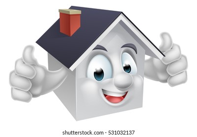 A happy cartoon house man mascot character giving a double thumbs up