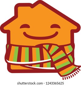 Happy cartoon house wrapped in a striped scarf. Save warm icon logo vector template.
