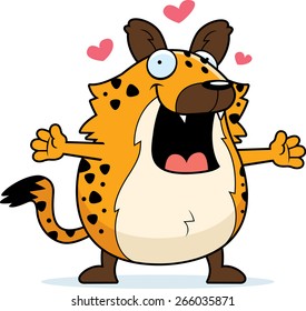 A happy cartoon hyena ready to give a hug.