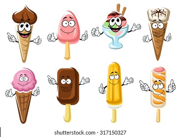 Happy cartoon ice cream cones, popsicles and ice cream sundae characters with chocolate, strawberry, vanilla and berry flavors. For food snack or dessert menu design