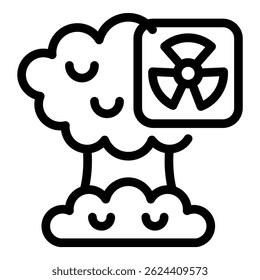 Happy cartoon icon of a nuclear power plant with smoke and radiation symbol