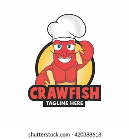 Happy cartoon illustration of crawfish with chef hat