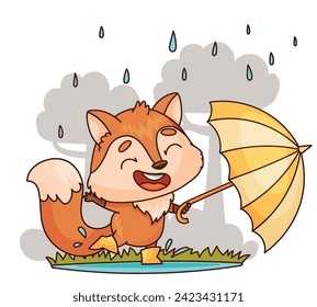 En una feliz ilustración de caricatura, un personaje de ficción, un zorro, con su cola y paraguas, disfruta de la lluvia. La obra de arte es grata y las fuentes utilizadas añaden a la representación artística. Vector