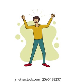 A happy cartoon illustration of a young person celebrating. Perfect for conveying joy, success, or motivation in creative projects.