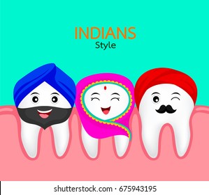 Happy cartoon  Indian style of tooth character with gum. Happy Independence Day. Illustration isolated on green background.