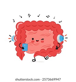 Happy cartoon Intestine character with headphones and a smartphone, enjoying music. White background, health and fun concept