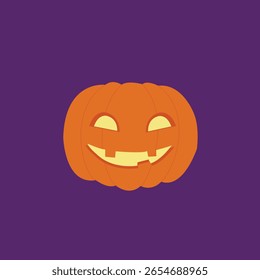 Caricatura feliz jack-o'-lanterna abóbora cara no fundo roxo. Ótimo para temas de Halloween e decorações sazonais.
