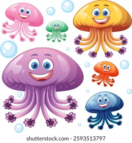 Happy cartoon jellyfish family swimming together underwater with bubbles