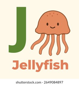 Happy cartoon jellyfish with the letter J in a fun kids alphabet flashcard style. Ideal for educational content, preschool learning tools, and classroom printables.
