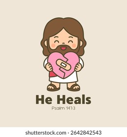 Happy Cartoon Jesus Holding a Heart with Bandage Representing He Heals Vector Illustration