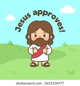 Happy Cartoon Jesus with Thumbs Up in Grass Field and “Jesus Approves!” Phrase Above Vector Illustration for poster or sunday school