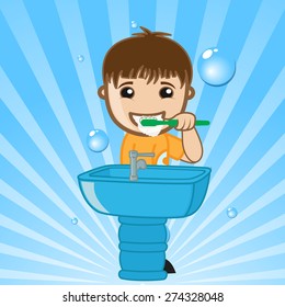 Happy Cartoon Kid Brushing Teeth