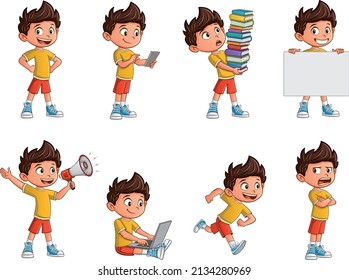 Happy cartoon kid in different activities. Mascot boy with different poses and emotions.
