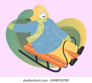 Happy cartoon kid sliding down hill on sleds. Child having fun while sledding down slide flat vector illustration. Winter activities, childhood concept for banner