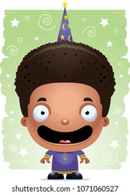 A happy cartoon kid wizard standing and smiling.