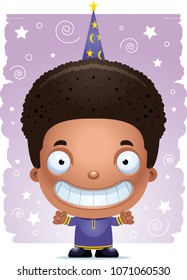 A happy cartoon kid wizard standing and smiling.