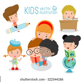 happy cartoon kids in classroom, education concept, back to school template with kids, Kids go to school, back to school, Cute cartoon children, happy children, Vector Illustration.