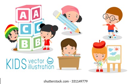 happy cartoon kids in classroom, education concept, back to school template with kids, Kids go to school, back to school, Cute cartoon children, happy children, Vector Illustration.