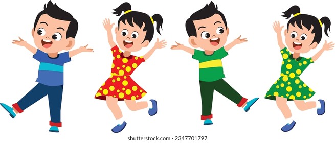 Happy cartoon kids dancing and playing – cheerful children in colorful clothes, boy and girl characters in cute poses, fun vector art for education and celebration design