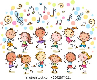 Felices niños de dibujos animados bailando juntos. Grupo de niños bailarines multiculturales. Doodle niños y niñas saltando con alegría