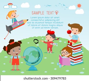 happy cartoon kids with education concept,  back to school template with kids, Kids go to school, back to school, Cute cartoon children, happy children, Vector Illustration.