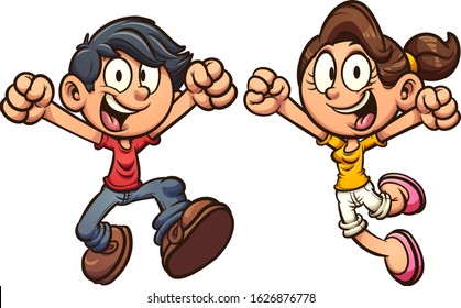 Happy Cartoon Kids Excited And Jumping . Vector Clip Art Illustration With Simple Gradients. Each On A Separate Layer.
