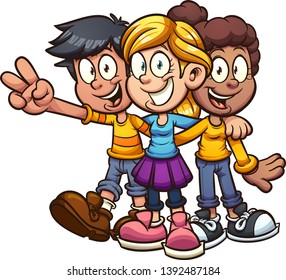 Happy cartoon kids friends hugging clip art. Vector illustration with simple gradients. All in a single layer.  
