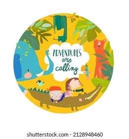 Happy Cartoon Kids with Funny Animals in Jungle