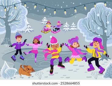 Happy cartoon kids have fun on a walk in the winter park. Children go sledding and skating. Boys and girls in bright warm clothes. Winter outdoor activity. Vector illustration.