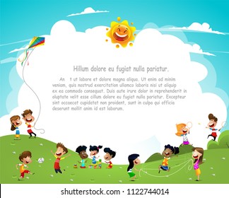 Happy cartoon kids having fun together on playground. Kids playing outside. Vector